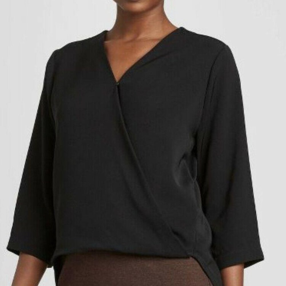 LONG SLEEVE V-NECK WRAP BLOUSE BLACK S